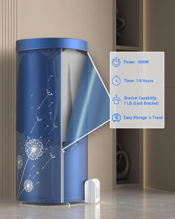 Portable Dryer, 46Inch-1000W Portable Clothes Dryer for Apartments, Portable Dryers Machine with Storage Bag, Mini Clothes Dryers for Travel, Home, RVs