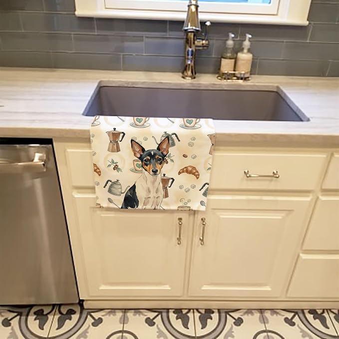 Caroline's Treasures Toy Fox Terrier Coffee Bar Kitchen Towel Velour Plush Front and Cotton Loop Back Machine Washable