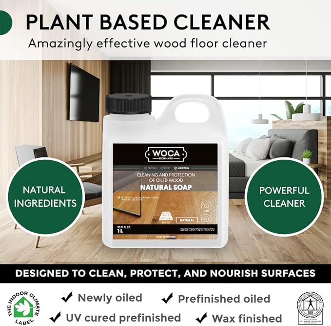 WOCA Natural Soap, White |1L| - Concentrated Wood Cleaner for oil finished hardwood floors, tables, millwork, cutting boards, countertops and butcher block