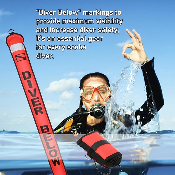 6FT Surface Marker Buoy (SMB), High Visibility Scuba Diving Surface Marker Signal Tube with Reflective Strip for Underwater Scuba Diving Underwater Sports