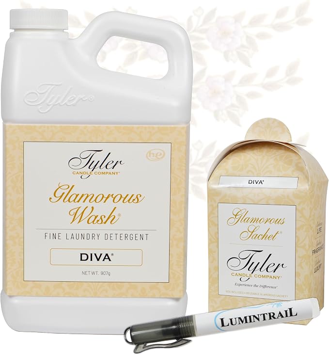 Tyler Glamorous Wash Diva Fine Laundry Detergent with a Lumintrail Stain Remover Pen and Dryer Sachets - Liquid Detergent Designed for Clothing - Hand and Machine Washable - 32oz (Diva)