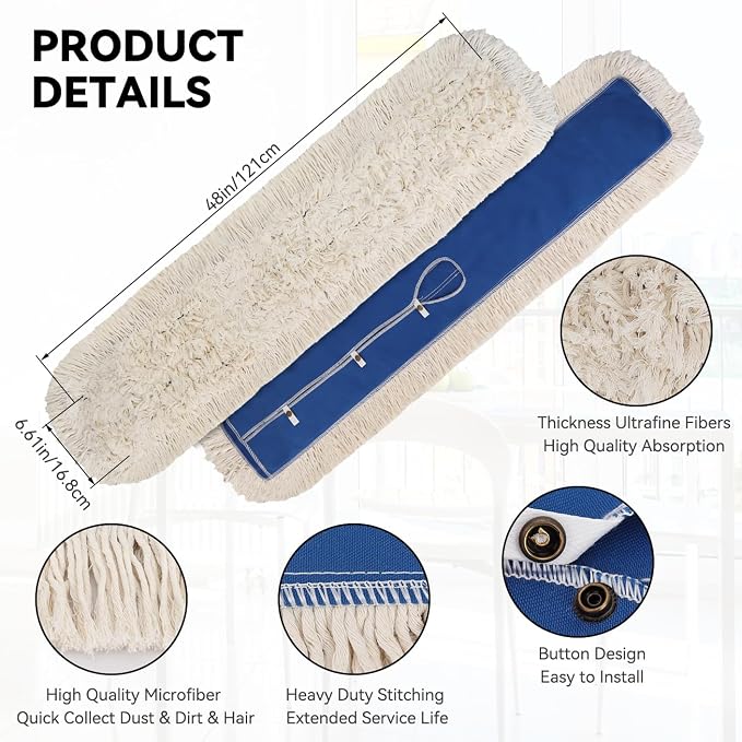 48 Inch Commerial Dust Mop Replacement Head : Mircofiber Dust Mop Head Refills for Industrial & Janitorial Supplies, Heavy Duty Mop Head for Hardwood Floor Cleaning,Blue (48 Inch - 2 Pack)