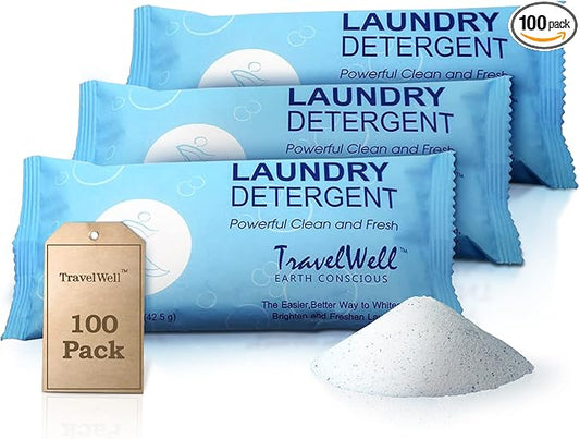 Travel Well Laundry Detergent Powder Packets - TSA-Approved Hotel & Bulk Laundry Detergent Pack - Individually Packaged Paraben-Free Stain Remover Packets - Pack of 100, 1.5 Oz