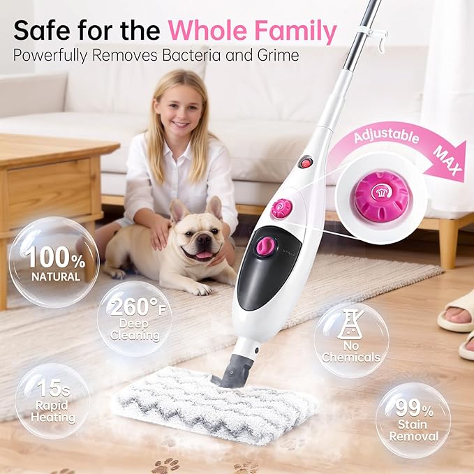 12-in-1 Steam Mop Cleaner, 15-Sec Fast Heat-Up, 1200W Floor Steamer with Double-Sided Pads, Removes 99.99% Stubborn Stains for Hardwood Floors, Marble, Clothes, Windows, Tiles, White
