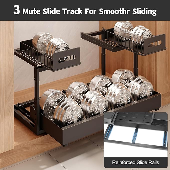 Expandable under cabinet organizer, 2-Tier under sink organizer with Reinforced Ball-Bearing slide rail, Slide-Out sink Shelf Height Adjustable, Durable and rust-proof for Kitchen & Bathroom