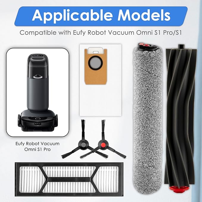 (14 Pack) Omni S1 Pro Replacement Parts Compatible with Omni S1 Pro Robot Vacuum Cleaner, Accessories Kit, 1 Rubber Roller Brush, 1 Roller Mop, 4 Side Brushes, 4 Dust Bags, 4 HEPA Filters