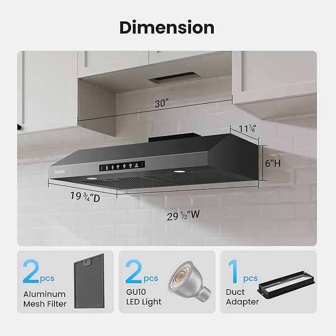 VIKIO HOME 30 Inch Under Cabinet Range Hood 900 CFM, Dual Motor Powerful Kitchen Vent Hood, Gesture & Touch Control, Ultra Quiet DC Motor, Dishwasher-Safe Filters, LED Lights, Black