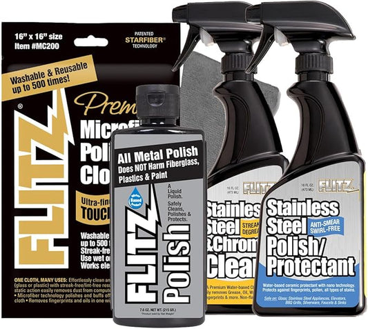 FLITZ Stainless Steel Appliance Kit - 7.6oz Liquid Polish, 16" Microfiber Cloth, 16oz Stainless Steel Chrome/Clean and Polish Protectant