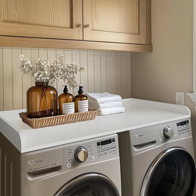 Kaboon Washer Dryer Countertop, Melamine Countertop with Edge Rails - 27.5" Depth x 54" Width Laundry Room Organization, White