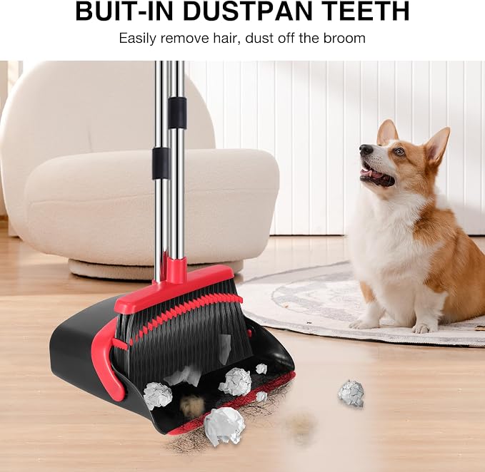 Broom and Dustpan Set, Long Adjustable Handle Broom Dustpan Combo with Dustpan Teeth to Automatically Clean Hair+Multifunction Silicone Broom, Silicone Floor Squeegee Broom for Home Bathroom, Kitchen
