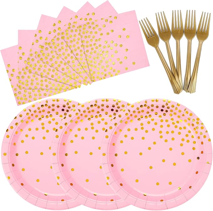 150 PCS Pink and Gold Paper Plates Napkins Forks Party Supplies Serves 50, Golden Dot Disposable Paper Dinnerware 9" Plates for Birthday, Bachelorette, Girl Birthday, Baby Shower