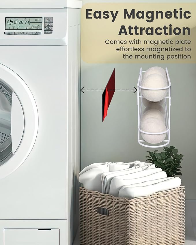 Dryer Ball Holder with Magnetic Back for Laundry Room Organization and Storage, Automatic Dryer Ball Roller Chute Container, White (No Balls)