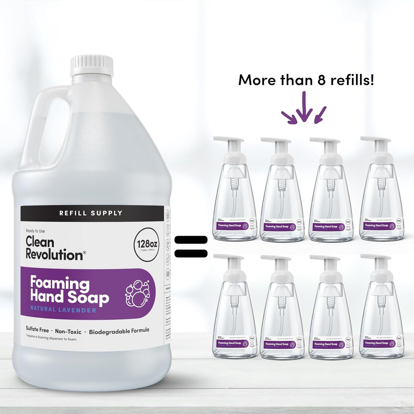 Clean Revolution Foaming Hand Soap Refill Supply Container, Ready to Use Formula, Gluten Free, Natural Lavender Fragrance, 128 Fl. Oz, 4 Pack