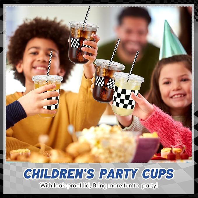 LemonRoad 100sets 16oz Checkered Flag Cups Race Car Birthday Party Decorations Supplies Plastic Cups Disposable with Lids and Straws for Racing Party Christmas Birthday Wedding Baby Shower Decoration