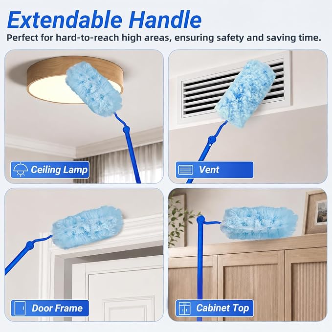 60 Count Heavy Duty Duster Refills for Swiffer Duster, 360° Double-Sided Electrostatic Dusting Pads with Upgraded Thick Fibers, 2 Handles Included, Disposable Microfiber Duster for Cleaning Home(Blue)