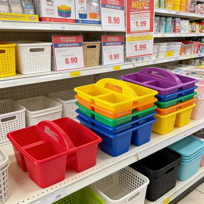 RAUVOLFIA Set of 6 Classroom Caddy, Small Plastic Storage Caddy with Handle for Classrooms, Home and Office Organization, 3 Compartment (Rainbow)