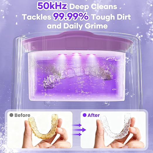 Ultrasonic Cleaner for Retainers & Aligners - 50kHz Dental Pod for Invisalign, Braces, Dentures, Night Guards, 200ml 3 Modes, Deep Clean for Fresh Retainers, Light Purple