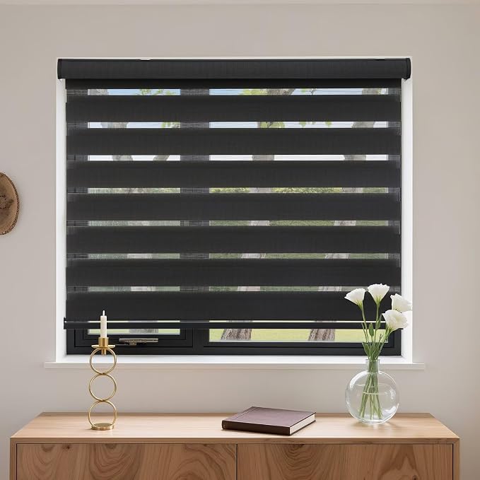 MYshade Cordless Zebra Blinds with Free-Stop Function - Dual Layer Light Filtering & Privacy Sheer Shades for Day and Night - Easy Install Window Shades for Home, Living Room, 32" W x 72" H,Black