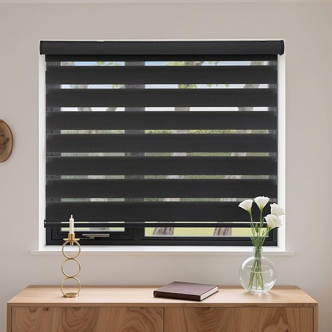 MYshade Cordless Zebra Blinds with Free-Stop Function - Dual Layer Light Filtering & Privacy Sheer Shades for Day and Night - Easy Install Window Shades for Home, Living Room, 23" W x 72" H,Black