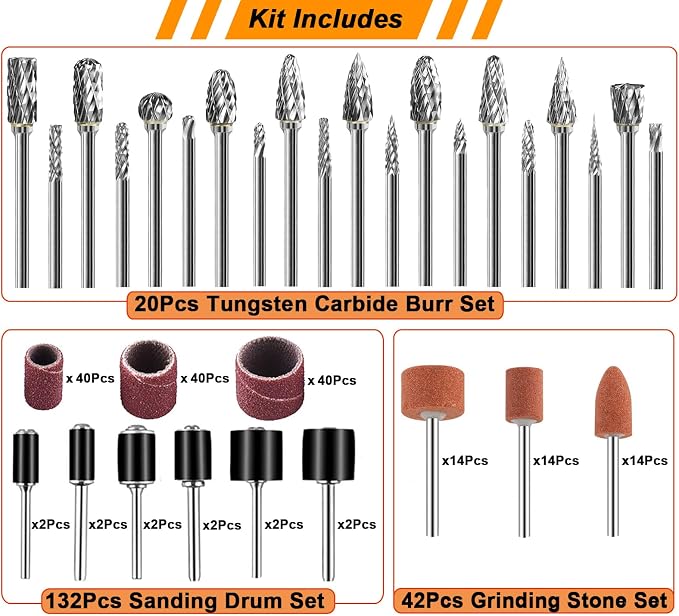Tungsten Carbide Burr Set 1/8" Shank，Die Grinder Bits with Sanding Drums and Grinding Stone Set, 194Pcs Pratical Sanding Bits Kit Compatible with Dremel Rotary Tool