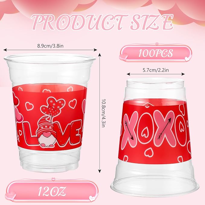 Meanplan 100 Pcs 12 oz Valentine Plastic Cups Bulk Valentine Drinking Cups Pink Heart Glasses Drinking Galentine Day Party Favor Supplies for Beverages Iced Juice Wedding Anniversary(Love Style)