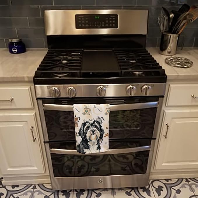 Caroline's Treasures Black and White Tibetan Terrier Coffee Bar Kitchen Towel Velour Plush Front and Cotton Loop Back Machine Washable