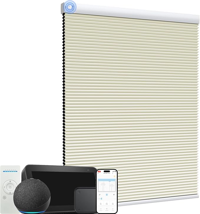 MYshade Motorized Cellular Shades - Smart Blinds Compatible with Alexa/Google Home/SmartThings, 100% Blackout Rechargeable Cordless Honeycomb Blinds, Custom-Size Auto Shades for Windows (Beige)