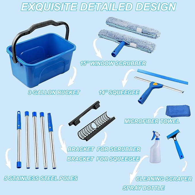 76“Professional Squeegee Window Cleaning Kit with Extension Pole,Window Cleaning Kit,Window Washing Tool for Indoor Outdoor Windows & Car Glass Easy to use, Great for high-Rise Hard-to-Reach Windows