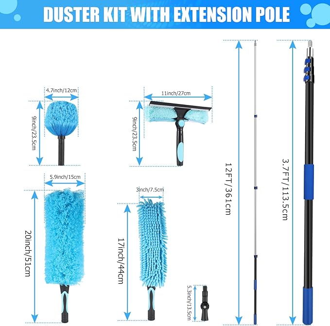 20 Foot High Reach Ceiling Duster Kit 3.6-12ft Extendable Pole with Cobweb Duster,Ceiling Fan Duster,Window Squeegee and Scrubber, Microfiber Feather for Easy Cleaning Indoor & Outdoor