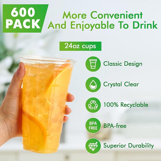Lilymicky 600 Pack 24 oz Clear Plastic Cups, PET Disposable Drinking Cups, Crystal Clear, Perfect for Ice Coffee, Smoothie, Soda, or Any Cold Drinks