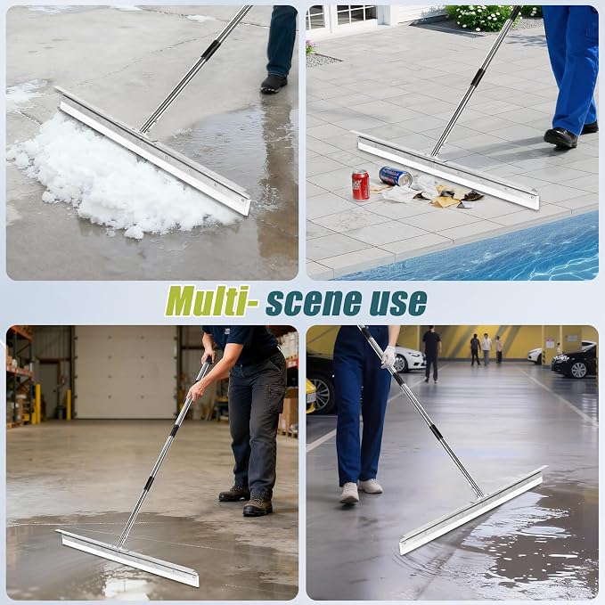 Heavy-Duty Large Floor Squeegee for Concrete, 33.4" Commercial Silicone Blade Squeegee for Floor with 63" Stainless Handle, Anti-Splash Curved Baffle for Garage, Factory, and Tough Cleaning Jobs