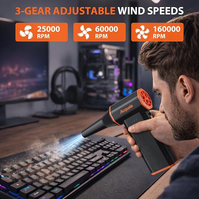 Electric Air Duster, 160000RPM Ultra Powerful Compressed Air Duster, 3-Gear Adjustable Air Blower, Rechargeable Cordless Mini Blower for Keyboard, Computer, Electronics, Car, Home & Outdoor Cleaning