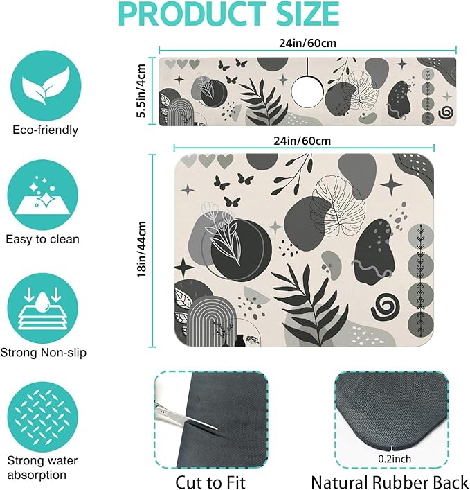 Dish Drying Mat for Kitchen Counter Matt, 2PCS 24"x18" Dish Drainer Mat & 24"x5.5" Sink Splash Guard, Super Absorbent Non-slip Rubber Backed