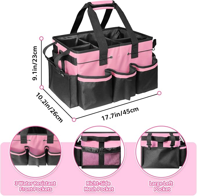 Grekos Large Cleaning Caddy Bags, Cleaning Caddy Suppliers Organizer with 4 Detachable Divider, Supply Caddy With Adjustable Shoulder Strap & Waist Belt For Housekeepers, Home, Car(Pink)