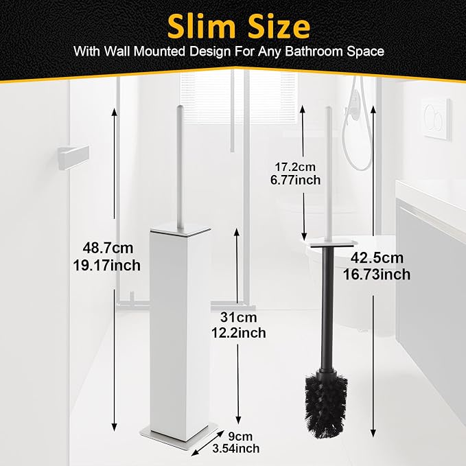 Toilet Brush and Holder Floor Standing, White with 2 Replaceable Heads, Bathroom Toilet Brush, Freestanding Toilet Bowl Brush with Removable Liner and Splash Guard, Modern Square Design