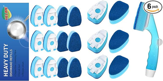 Non Scratch Dishwand Refills Handle, Dish Wand Refill Pack, 6 Heavy Duty Replacement Sponge Heads Set, Heavy Duty Scrub Dots Brushes Soap Dispenser, Non Scratch Dispensing Scrubbers