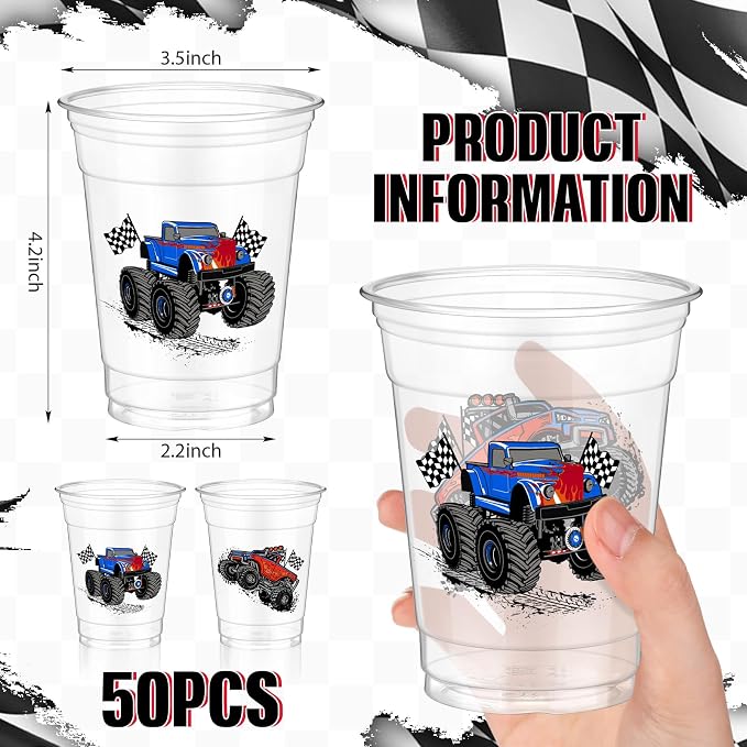 Pickmesh 50 Pcs Monster Truck Birthday Party Plastic Cup 12 Oz Monster Thick Clear Cup Truck Cups Birthday Table Decorations Party Favor