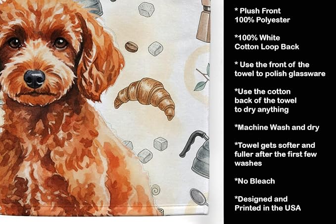 Caroline's Treasures Toy Red Poodle Coffee Bar Kitchen Towel Velour Plush Front and Cotton Loop Back Machine Washable