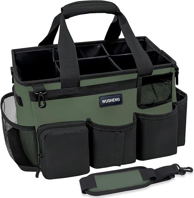 Wearable Cleaning Caddy Bag,Cleaning Supply Tote for Cleaning Supplies, Cleaning Organizer with Adjustable Shoulder and Waist Straps for Cleaners & Housekeepers (Green and Black, Large)