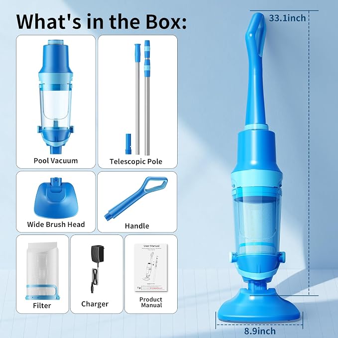 Cordless Pool Vacuum for Inground & Above Ground Pools: 23.8 GPM Powerful Stable Suction, Telescopic Pole up to 90.6", 60-Min Runtime, Extra-Large Filter & Rechargeable Pool Cleaner for Spas/Hot Tubs