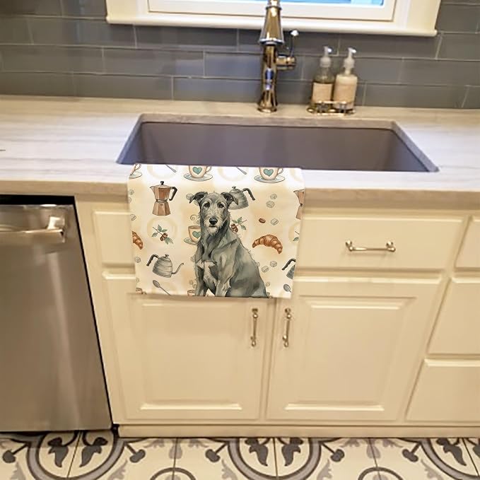 Caroline's Treasures Gray Irish Wolfhound Coffee Bar Kitchen Towel Velour Plush Front and Cotton Loop Back Machine Washable