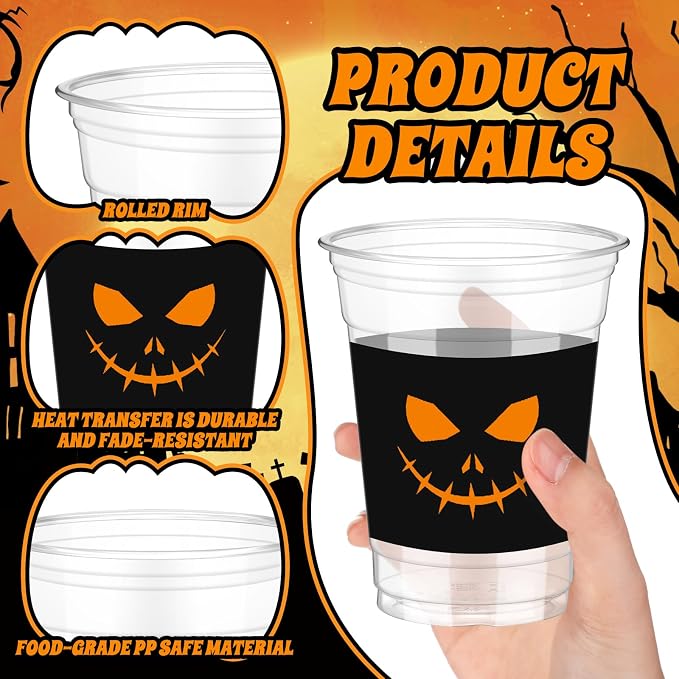 Bokon 100 Pcs Pumpkin Halloween 12 oz Plastic Cups Disposable Cocktail Glasses Happy Halloween Cute Disposable Cups for Coffee Juice Hot Cold Drinks Party Supplies(Black, Pumpkin)