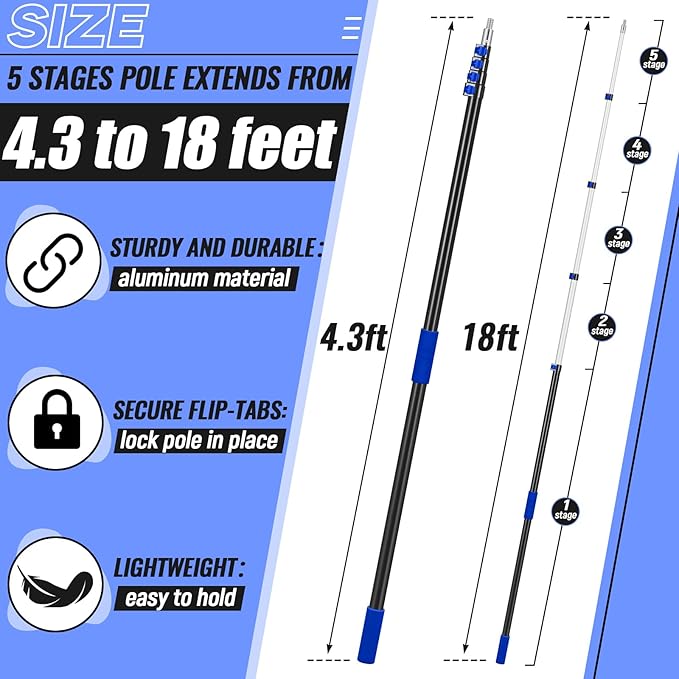 4.3-18ft Telescopic Extension Pole with Utility Hook, Multi-Purpose Aluminum Pole for Painting, Dusting and New Year Window Cleaning Christmas Lights Installation Without a Ladder(Blue)