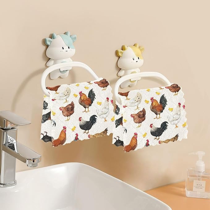 JIPONI 6 Pack Kitchen Dishcloth, Cute Chicken Rooster Pattern Absorbent Dish Towels Reusable Soft Cleaning Cloths 11 x 11 inch