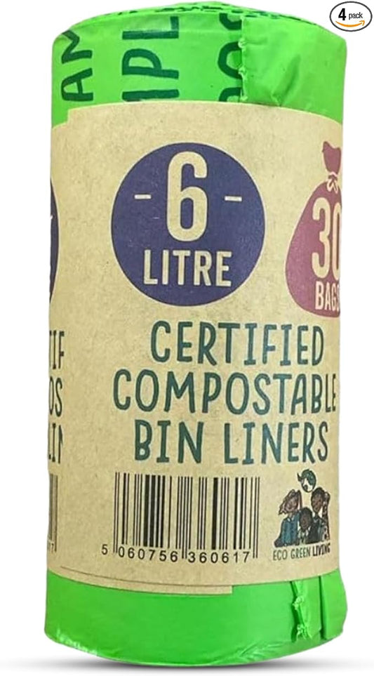 Eco Green Living 6 Litre Compostable Bin Liners – Plastic Free & Recyclable Caddy Bags for Food Waste, Leak Resistant Small Bin Liners, 36 x 66 cm - Quad Pack (120 Bags)