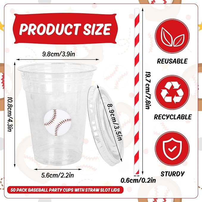 Whaline 50 Pcs Baseball Disposable Plastic Cups with Lids and Straws Red White Ball Cold Beverage Drinking Cups for Sports Theme Baseball Game Party Supplies