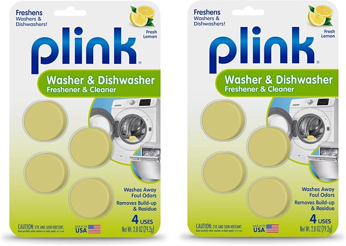 Plink Washer and Dishwasher Freshener and Cleaner, Prevents Residue, Removes Odors in Kitchen and Laundry Room Appliances, Septic-Friendly, Fresh Lemon Scent, 2 Packs of 4, 8 Tablets Total