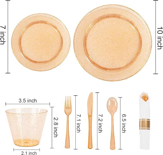 DaYammi 350PCS Orange Glitter Plastic Dinnerware Set for 50 Guests, Fancy Disposable Plates for Party, Include: 50 Dinner Plates, 50 Dessert Plates, 50 Pre Rolled Napkins with Silverware, 50 Cups