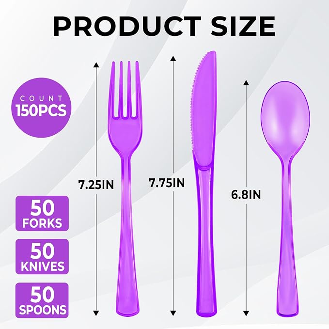 150 PCS Plastic Silverware Disposable Silverware Heavy Duty Utensil Sets 50 Of Each Forks Knives & Spoons Disposable Cutlery Set For Easter,Birthday,Baby Shower,Garden Party,Wedding(150,Purple)