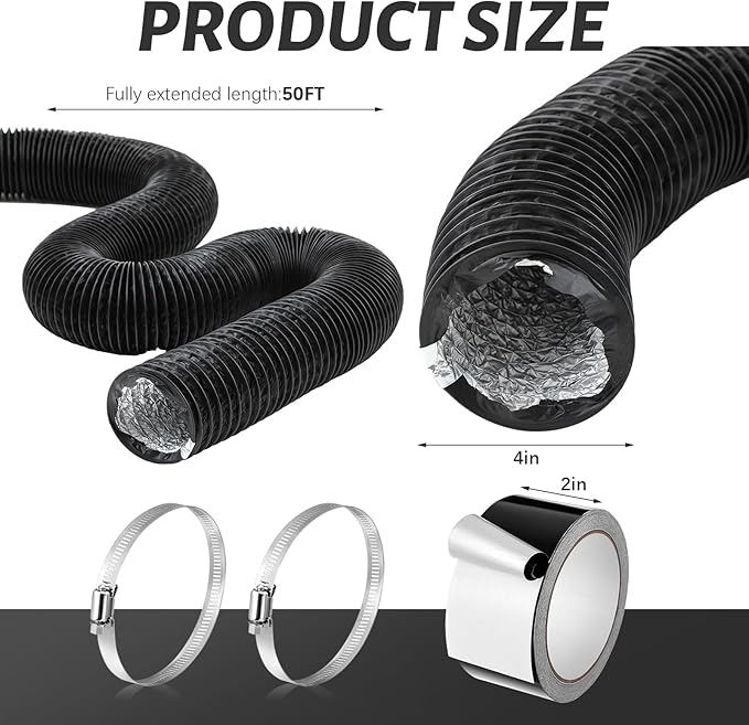 Zonon Dryer Vent Hose 4 Inch X 50 Feet Flexible Aluminum Foil Ducting Non Insulated with Stainless Steel Clamps and Aluminum Tape for Pipe, HVAC Heating Cooling Ventilation and Exhaust (Black)